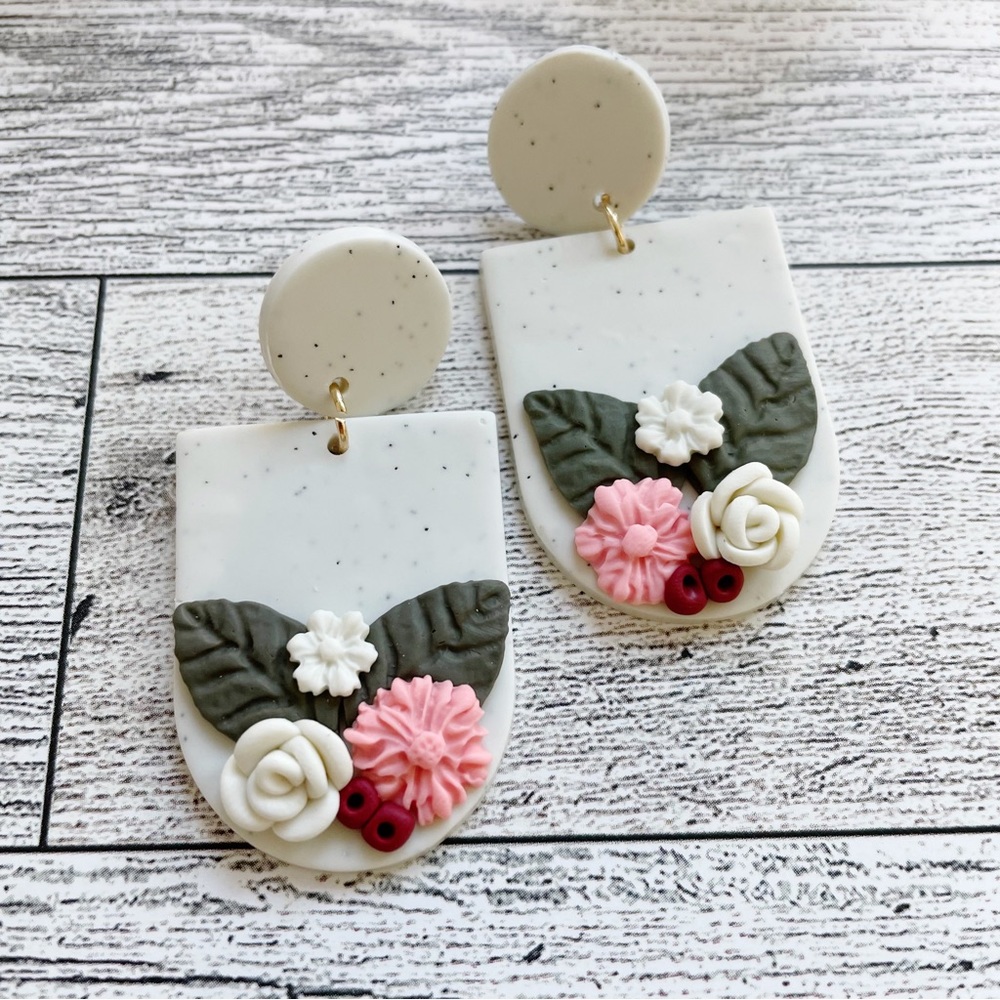 Cream speckled Floral Motif Polymer Clay Earrings